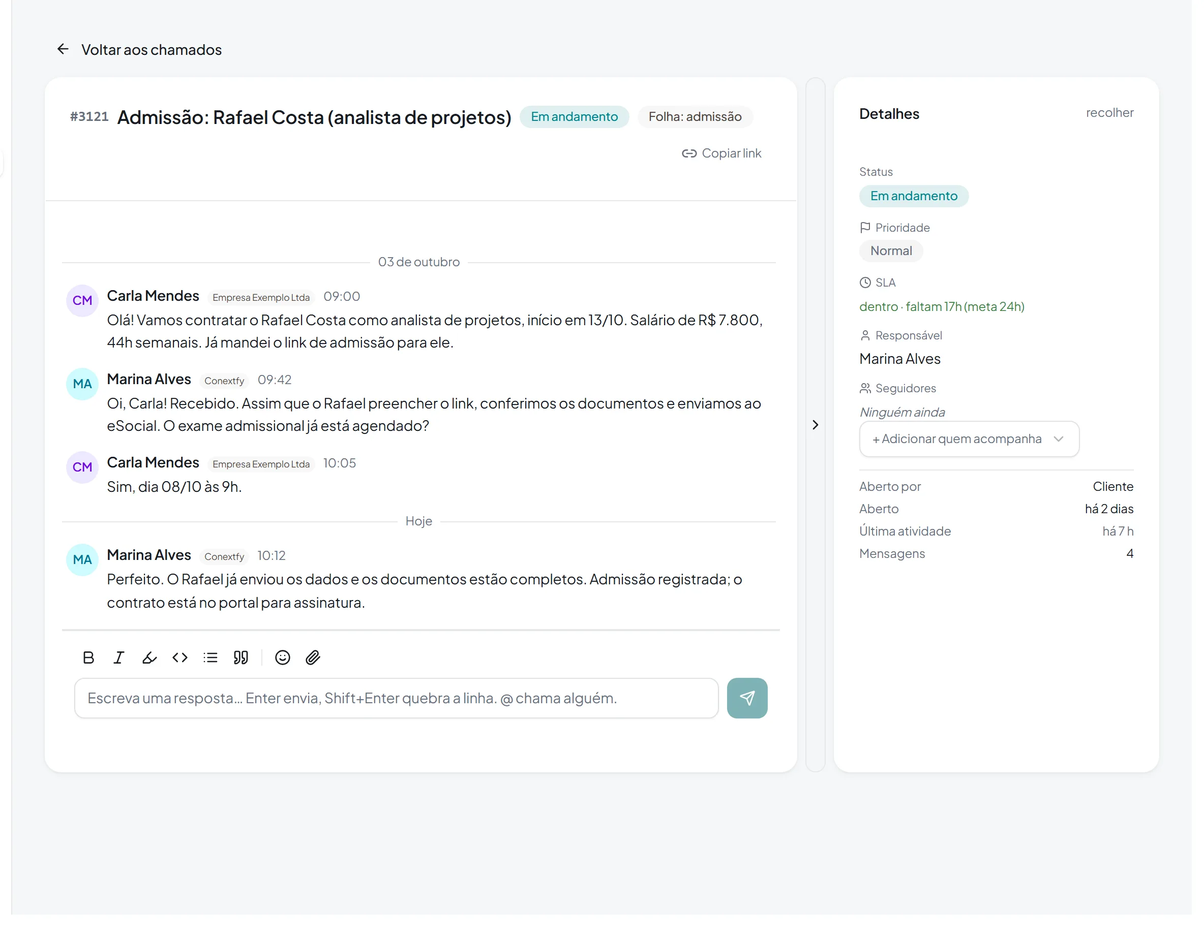 Conversa de um pedido de admissão no portal, com dados de exemplo