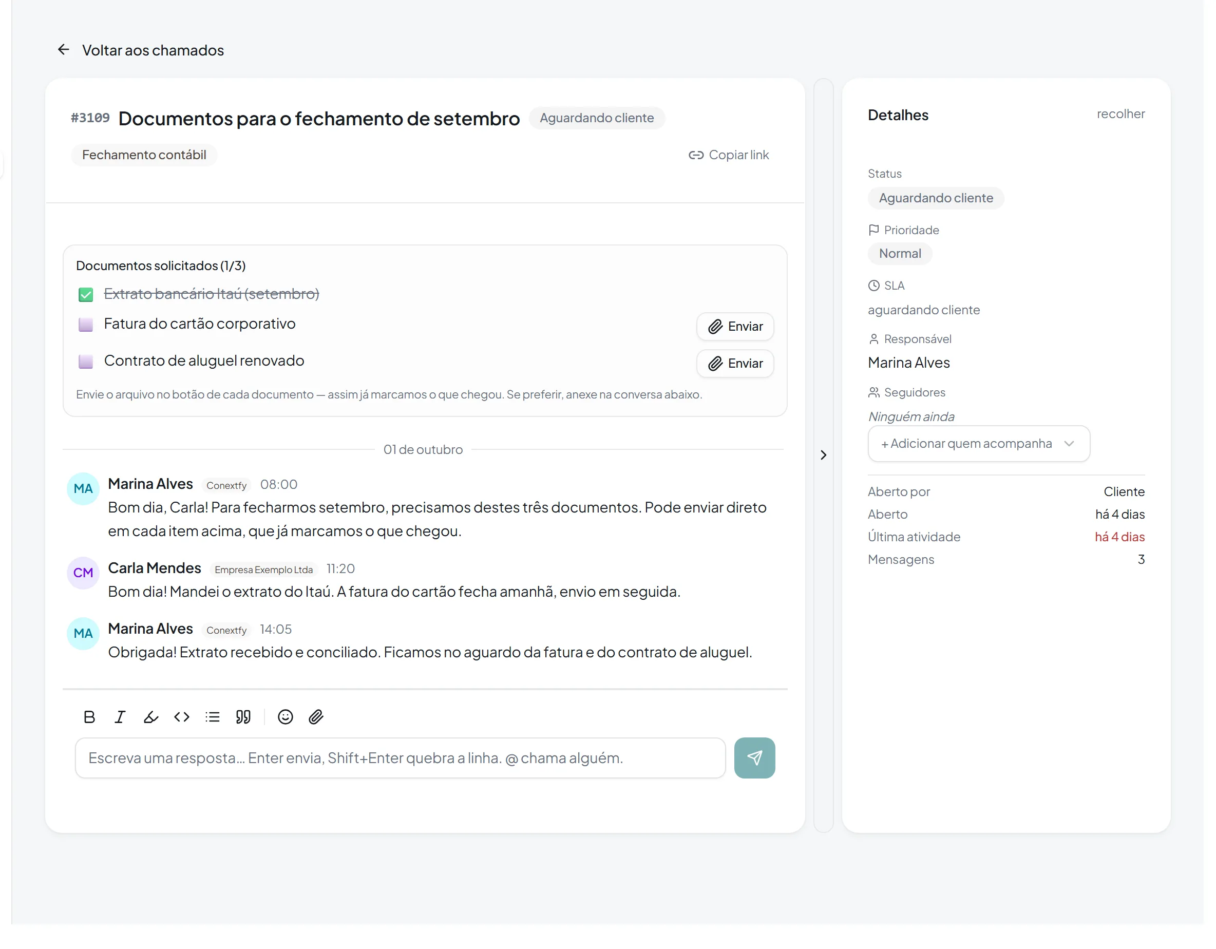 Solicitação de documentos no portal, com dados de exemplo